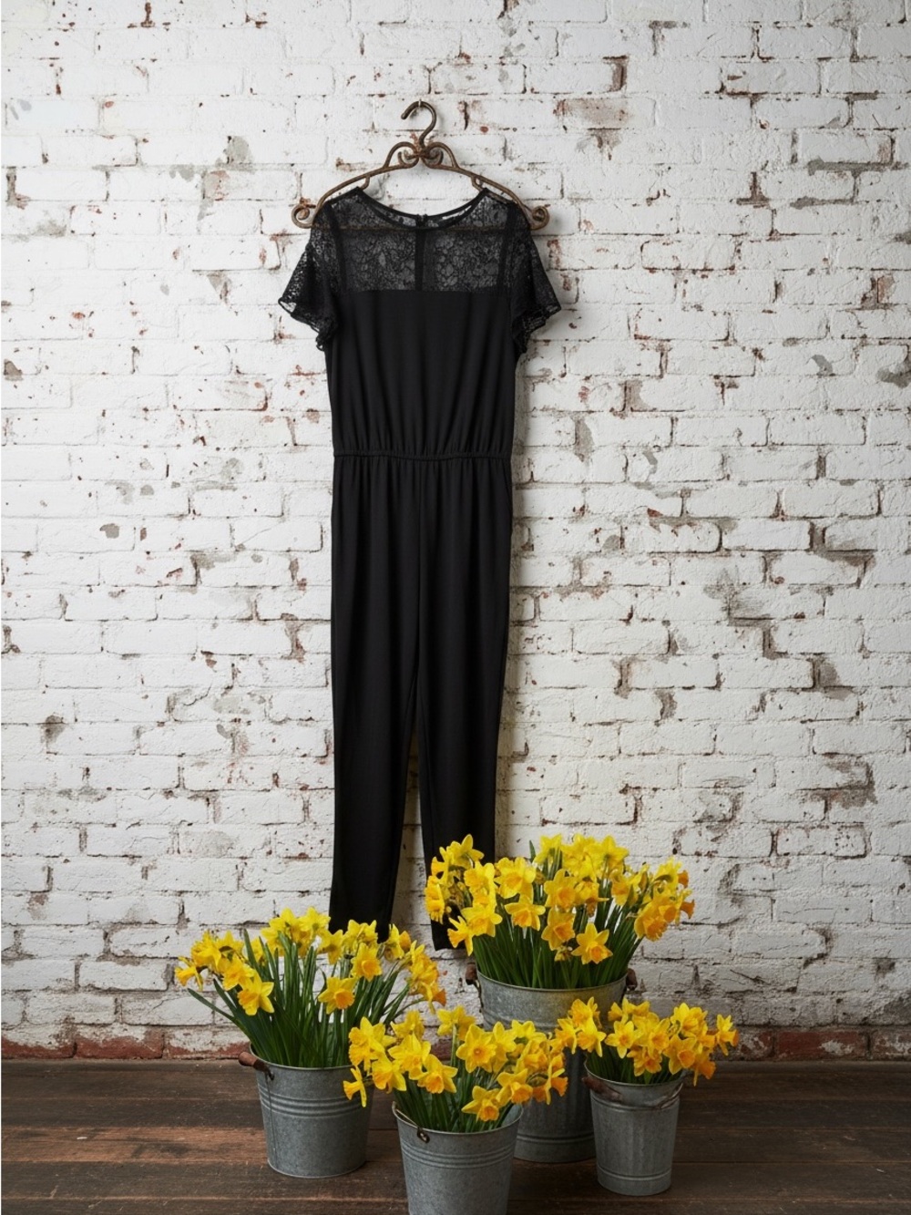 Ralph Lauren Black Lace Yoke Short-Sleeve Jumpsuit